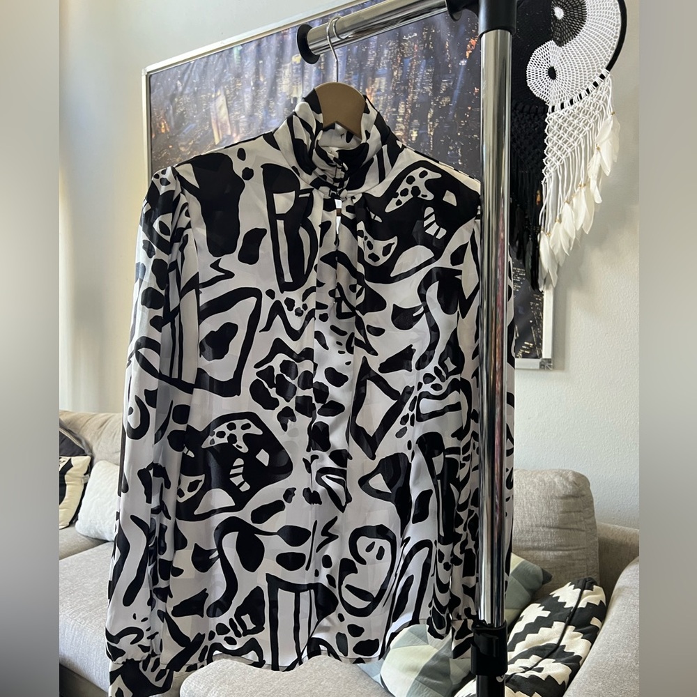 Lloyd Williams Black & White Abstract 80s Funky Blouse Sz 4